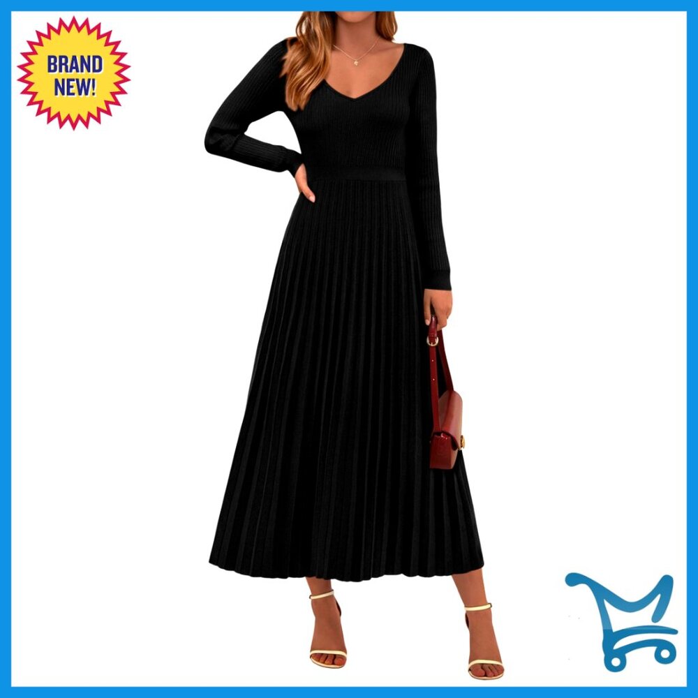 Ribbed Knit Sweater Dress V Neck Long Sleeve Pleated Maxi Elegant Winter